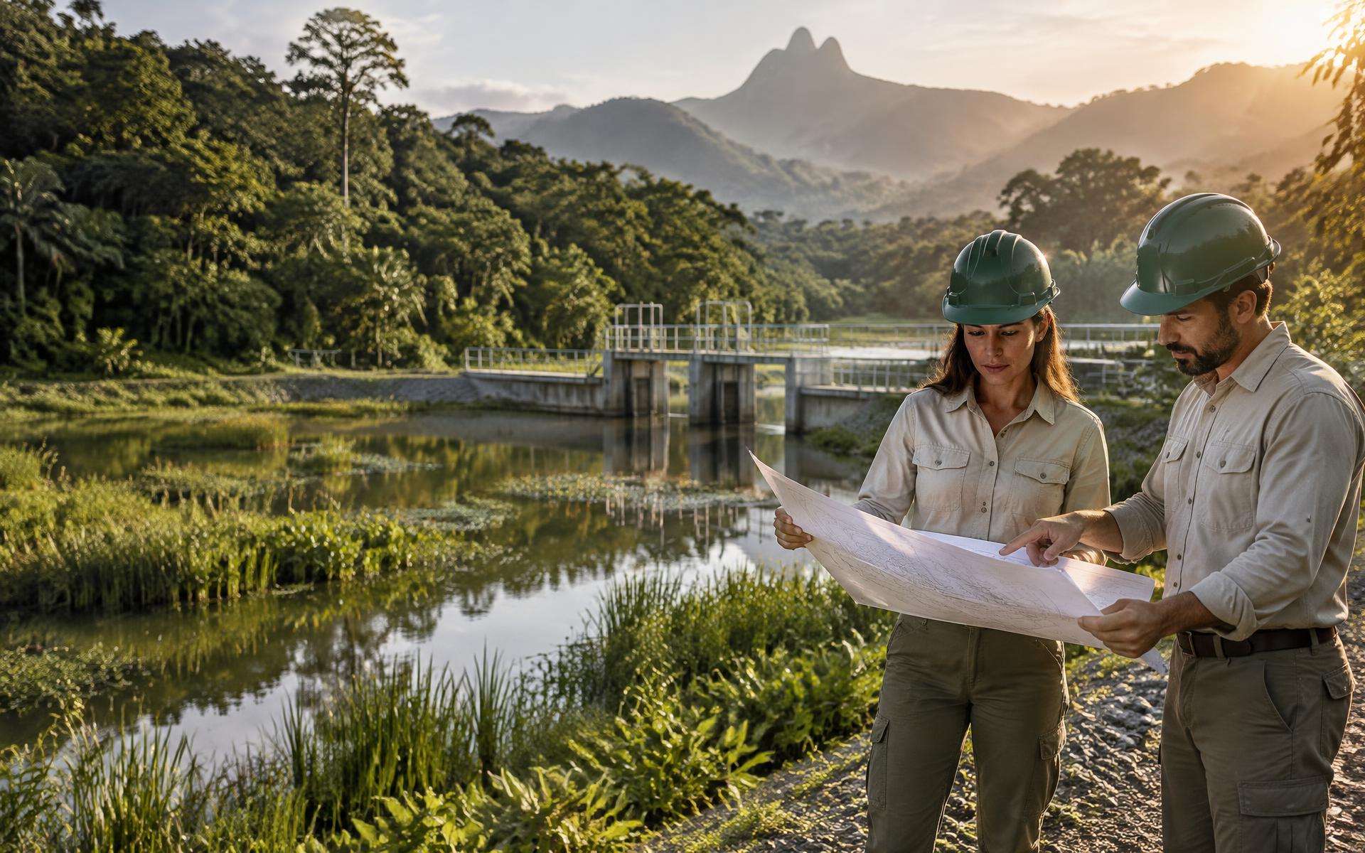 Profissionais de engenharia ambiental avaliando área de preservação